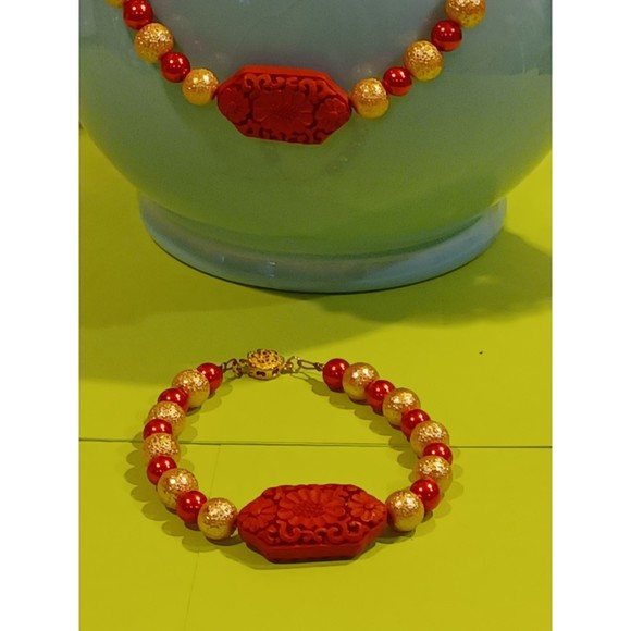 Red & Golden beaded  Cinnabar flower focus bead Necklace Bracelet Set Plus size - Picture 4 of 14